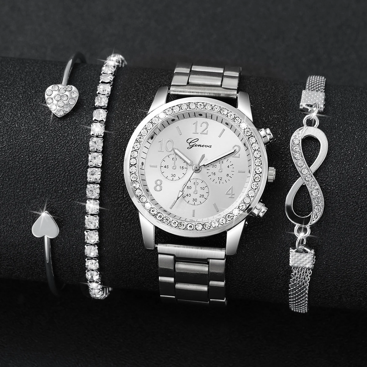 4 ชิ้น/เซ็ตนาฬิกาผู้หญิงแฟชั่น Rhinestone คํา Dial สตีลควอตซ์นาฬิกาสร้อยข้อมือชุด (ไม่มีกล่อง)