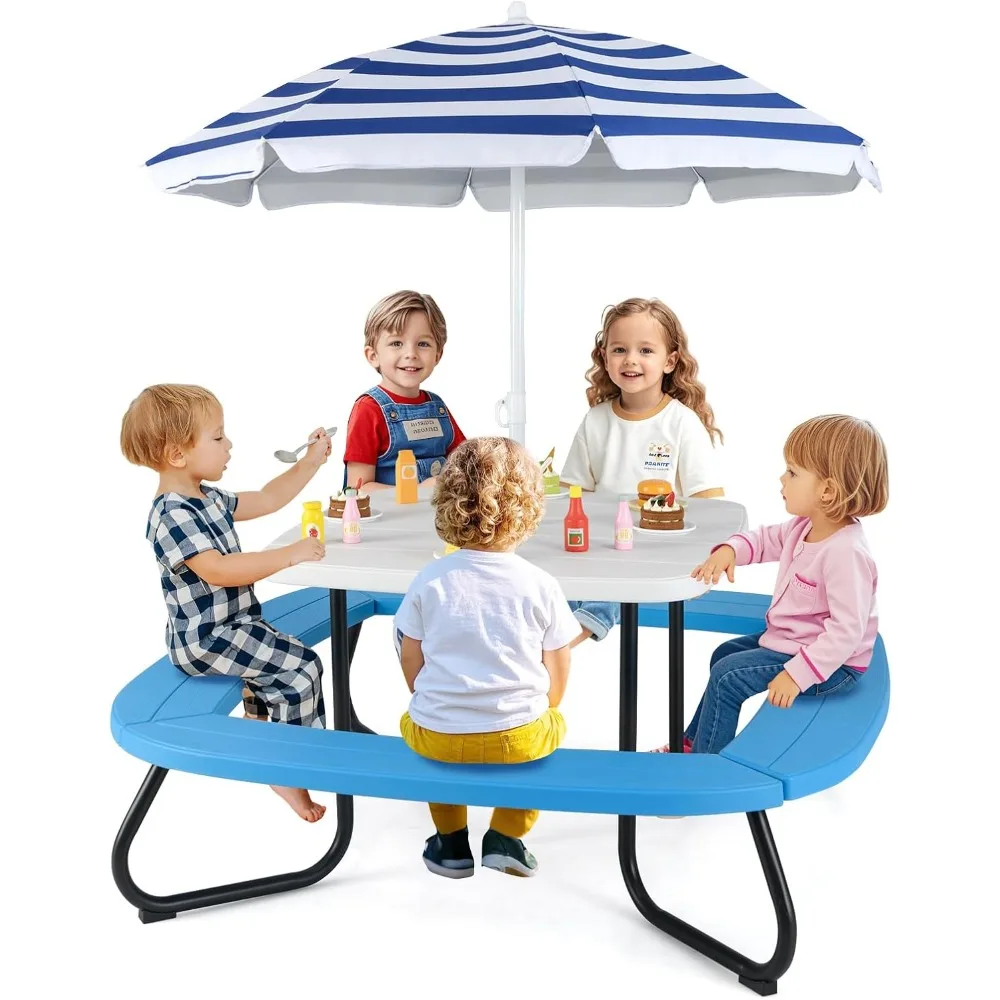 Kids Picnic Table, 8 Person Toddler Outdoor Table and Chair Set, 4 Built-in Benches, Removable Umbrella, Metal Frame
