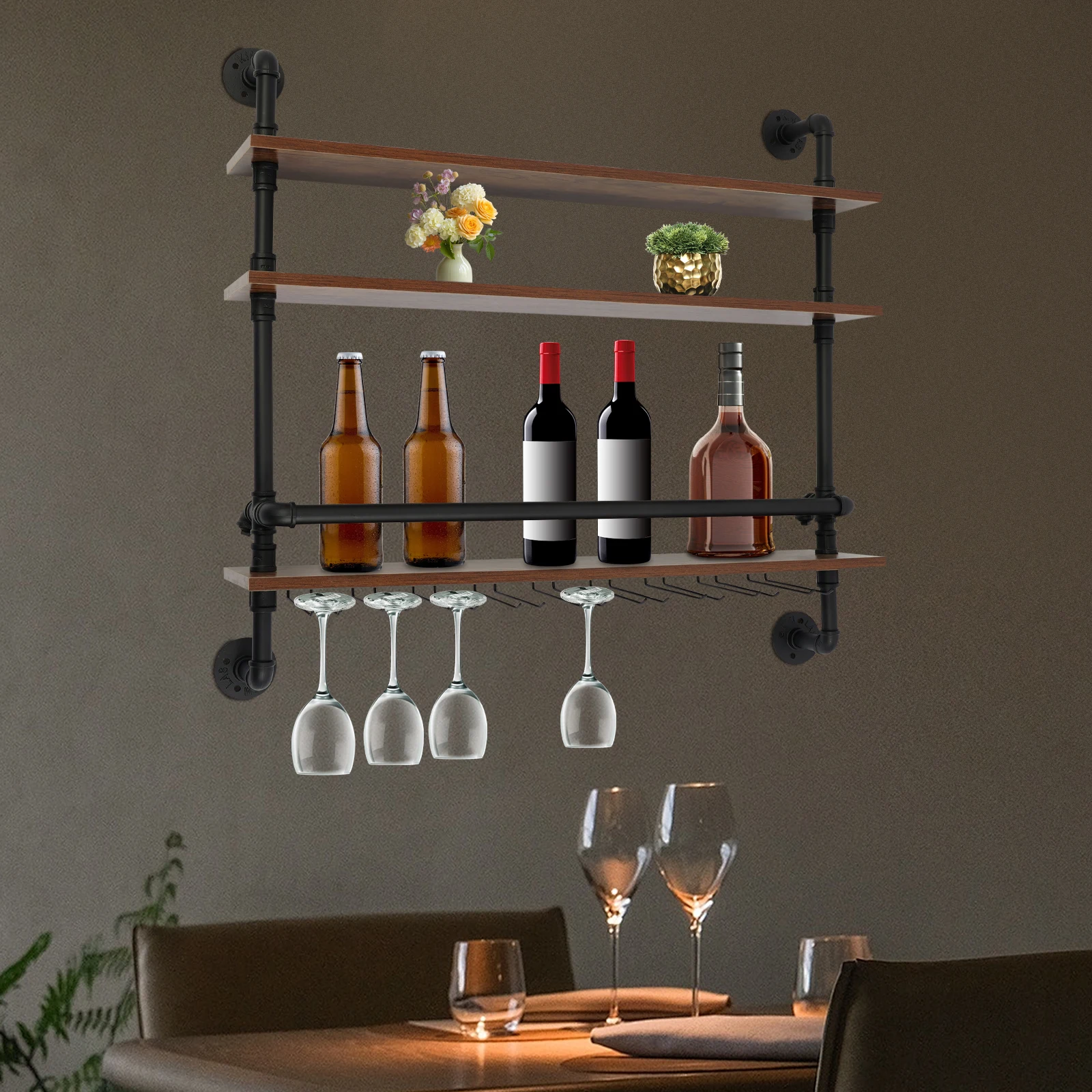 Industrial 3-Tier Wall Mounted Wine Rack with Glass Holders Guard Rails Iron Wood for Wine Bottle Storage Floating Shelves