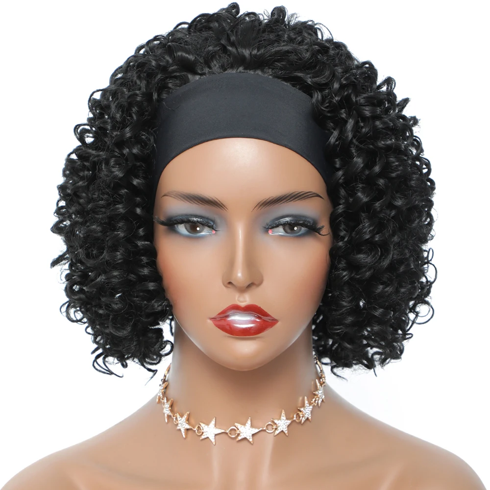 Perucas macias e encaracoladas com bandana Peruca Curta Sem Cola Peruca de cabelo sintético afro profundo para mulheres e meninas naturais pelucas para mulher