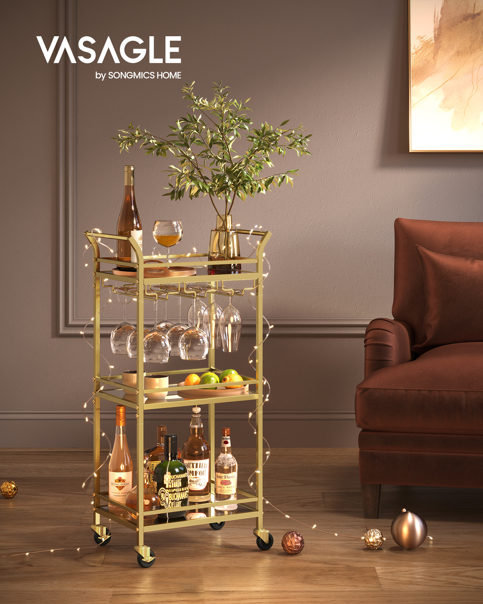 VASAGLE 3-Tier Drinks Trolley, Gold Bar Cart on Wheels, with Handles, Mirrored Glass Shelves, Serving Trolley for Small Spaces