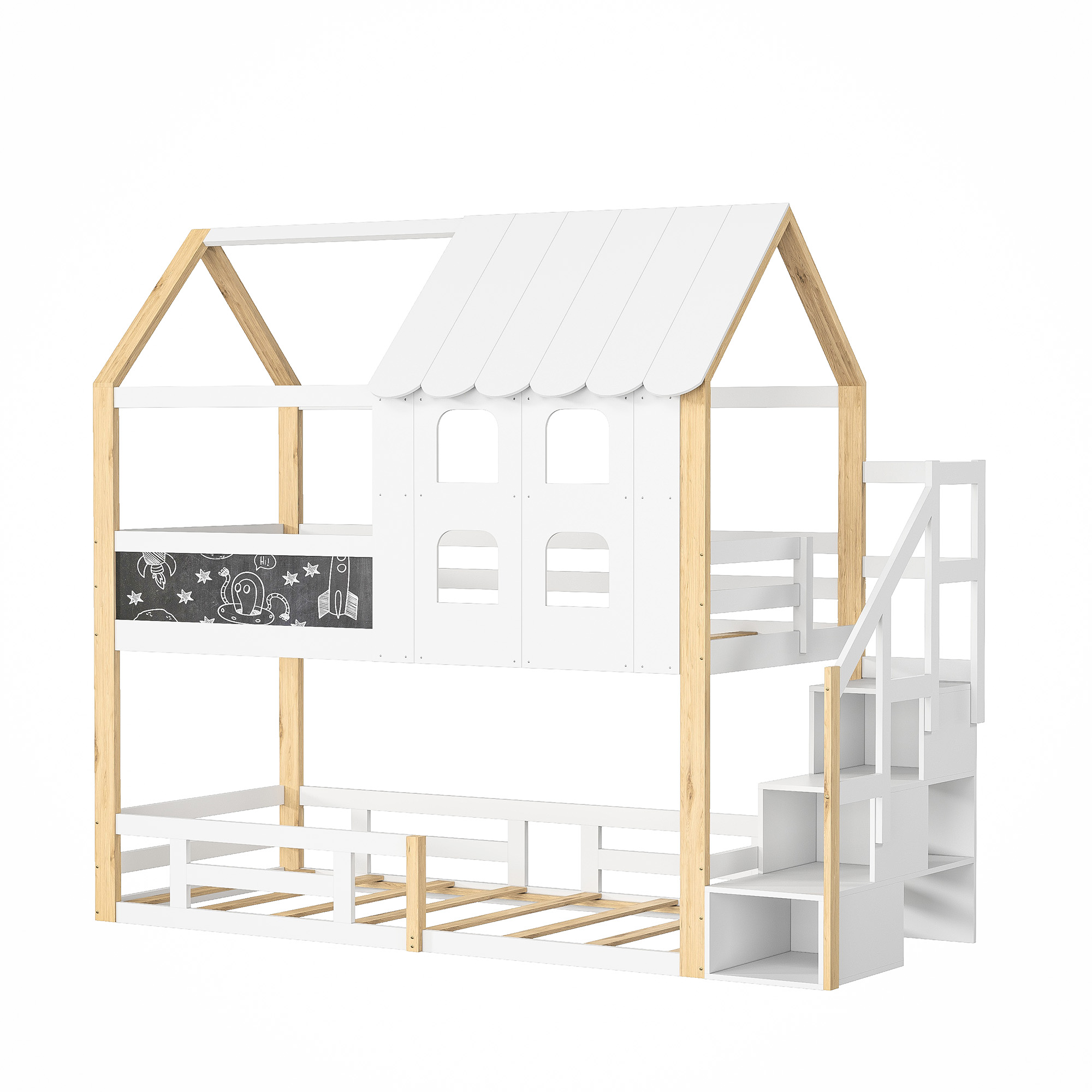Marco de cama doble de madera blanca para niños, 90x200cm, con escalera y protección contra caídas, litera de casa, sin colchón
