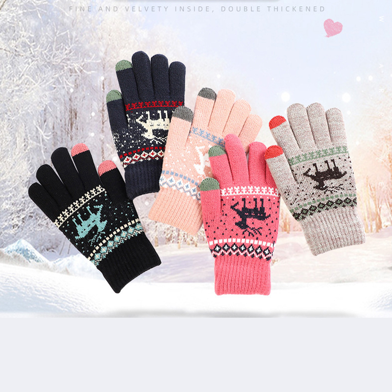 Guantes con estampado de copos de nieve, guantes tejidos con pantalla táctil para teléfono, guantes gruesos de invierno para mantener el calor, manoplas navideñas de alces, guantes con dedos completos