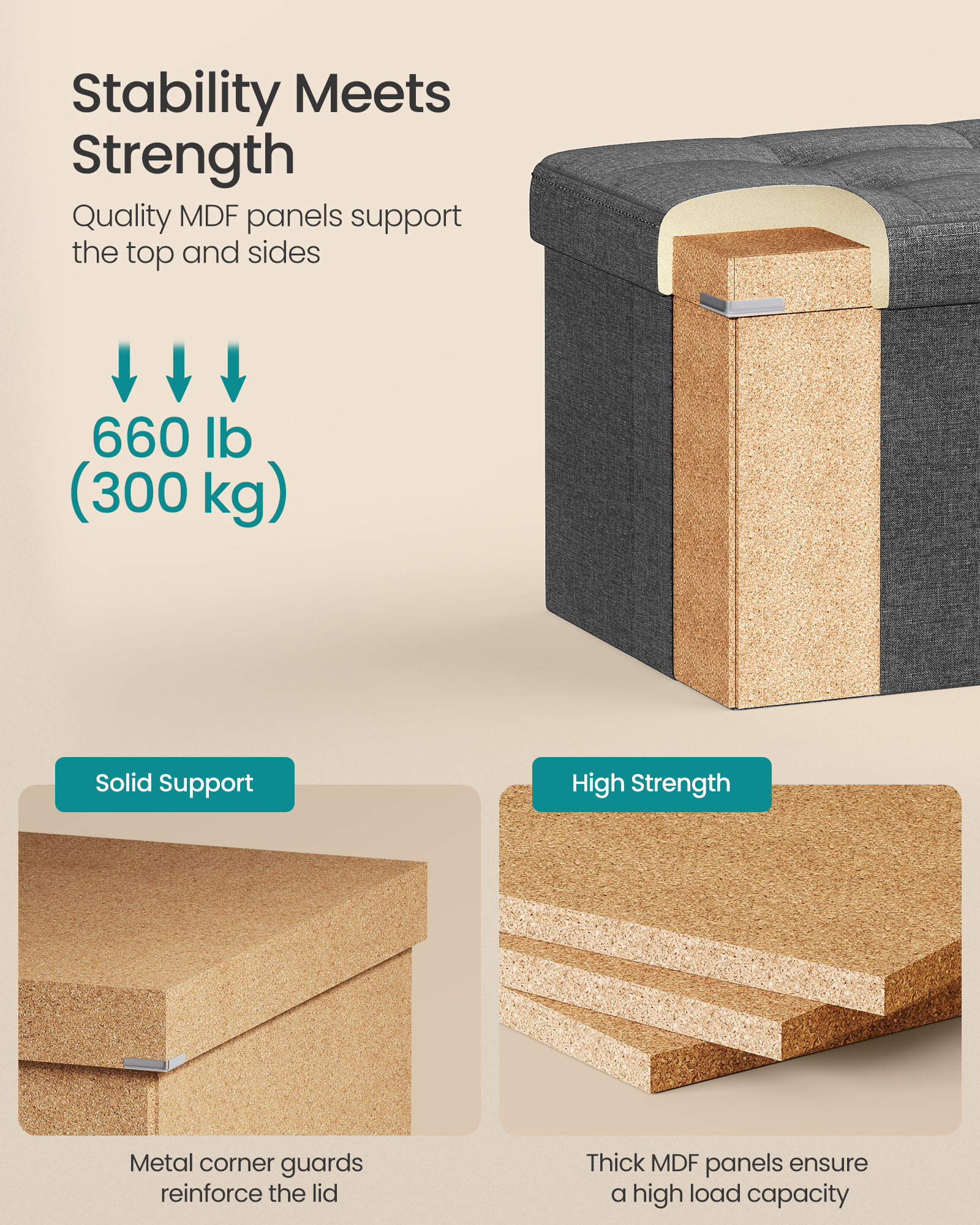 SONGMICS Mazie Collection - 43 Inches Folding Storage Ottoman Bench, Ottoman Foot Rest, End of Bed Bench, Storage Chest