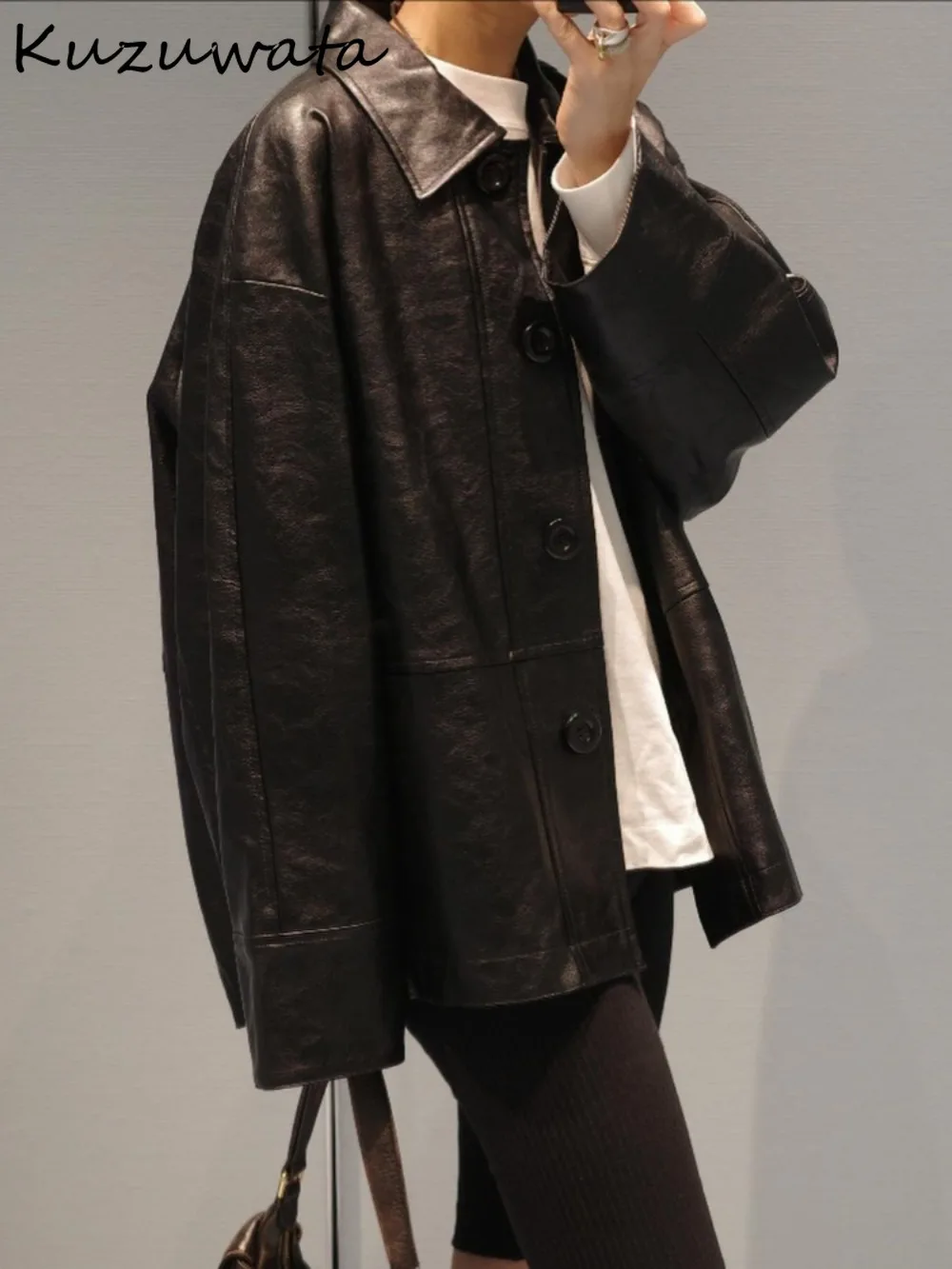 Kuzuwata Personalisierte Pu Lose Luxus Veste Femme Schlank Profil Leder Moto Streetwear Mantel Japan Moda Vintage Künstliche Jacke
