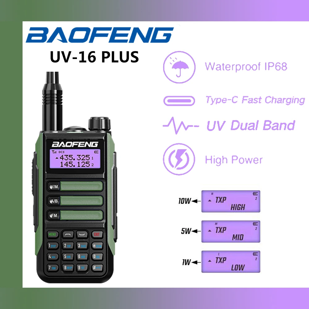 Baofeng UV-16 PLUS 10 W Walkie-Talkies VHF UHF Dual Band Zwei-Wege-Radio USB-Ladegerät Wasserdichtes Dualband-Amateurfunk mit großer Reichweite