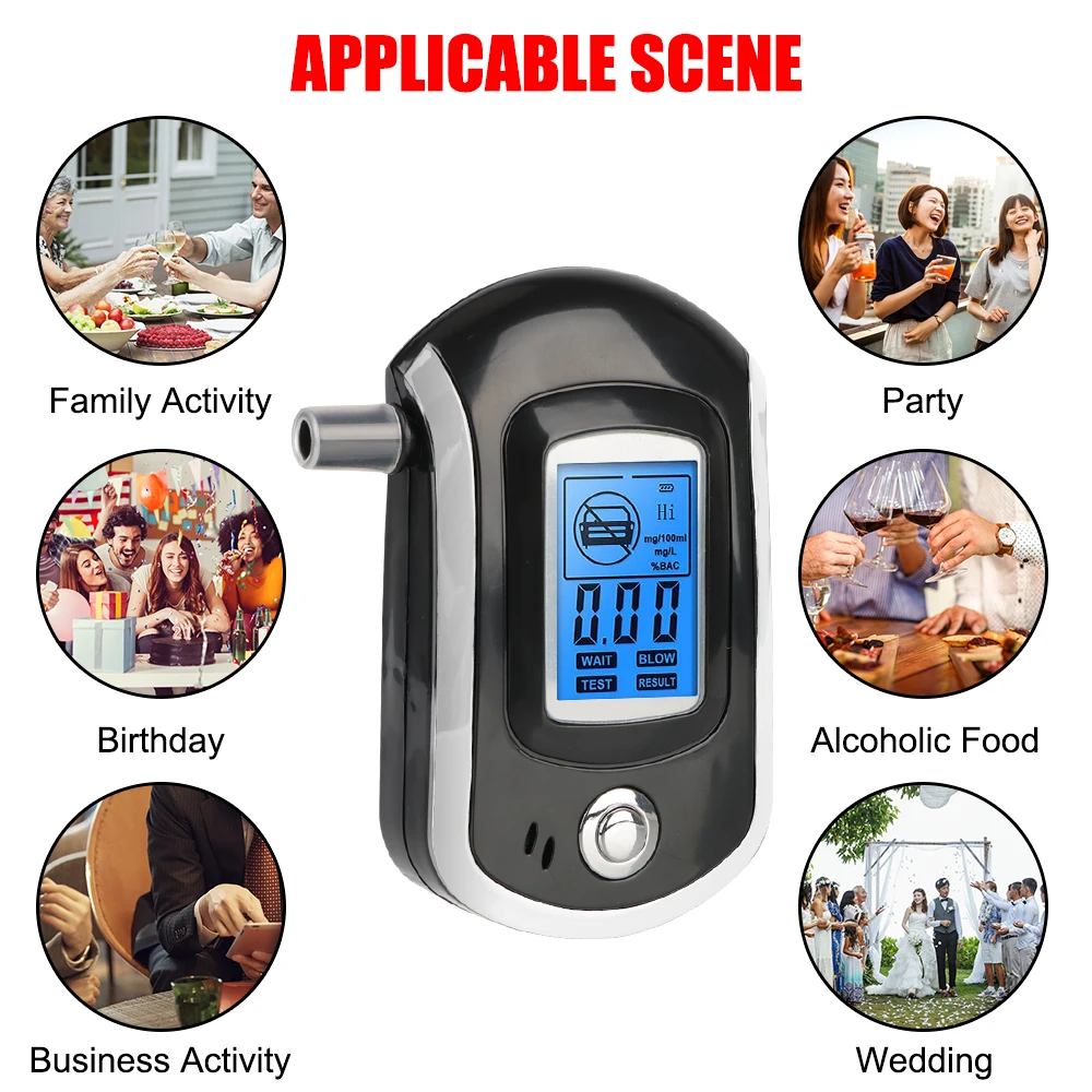 Mini AT6000 เครื่องทดสอบแอลกอฮอล์ในลมหายใจแบบดิจิตอลหน้าจอ LCD Breath Drunk Driving Analyzer Professional
