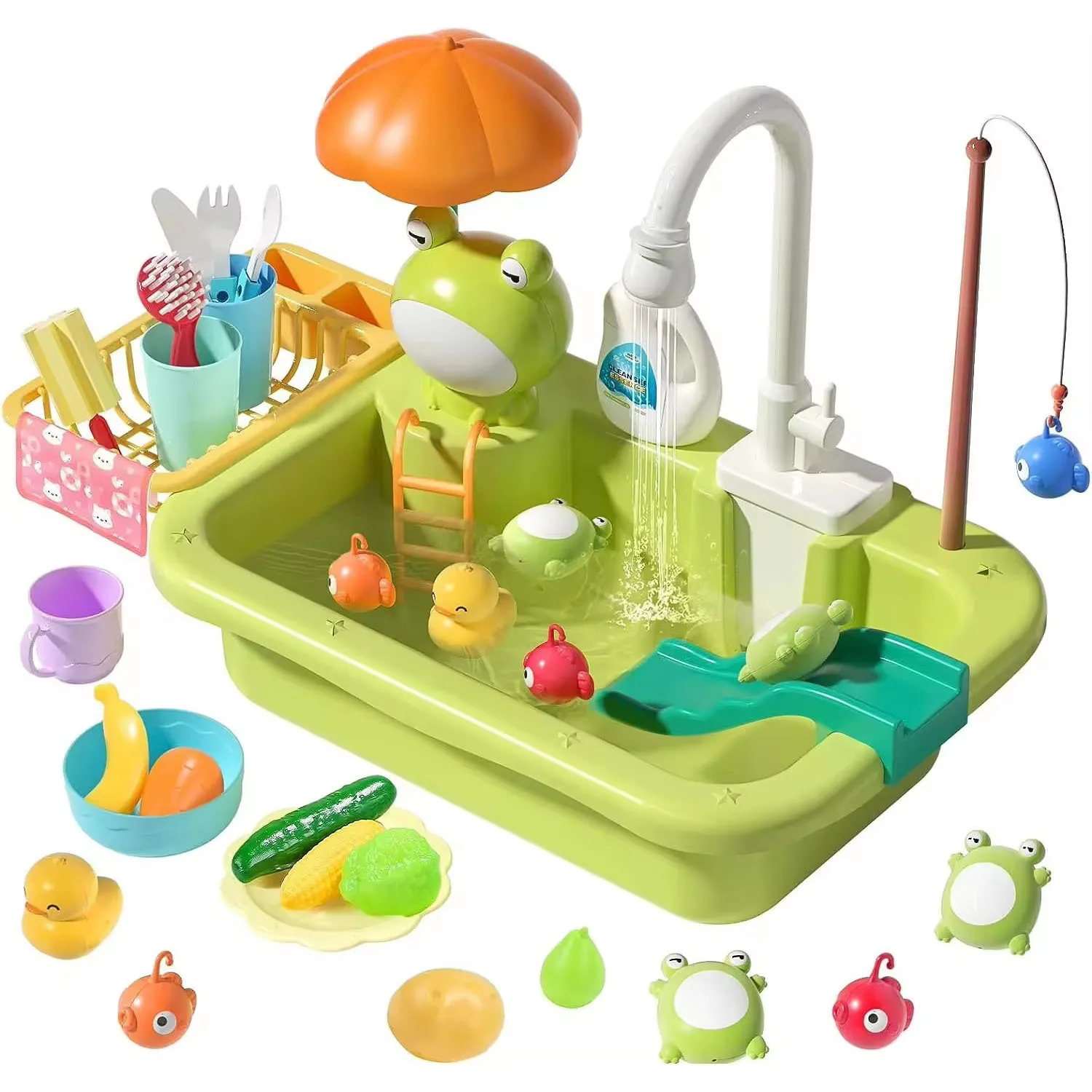 Lavavajillas eléctrico para niños, juguete con salida de agua, mesa de billar, utensilios de cocina simulados para niñas, casa de cocina para niños, rana