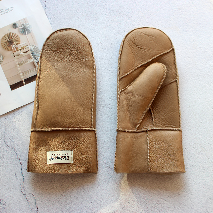 Manoplas de piel de oveja para mujer, guantes de lana de cuero de Color cálido para invierno, gruesos, a prueba de frío, para exteriores, para niño y estudiante, a prueba de viento