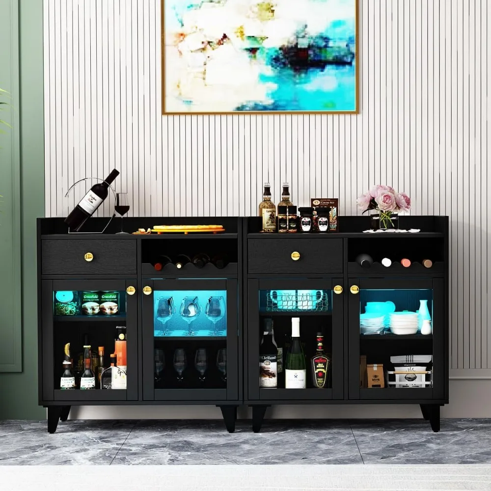 Small Black Bar Cabinet - Modern Liquor Storage w/ LED Light, Farmhouse Style