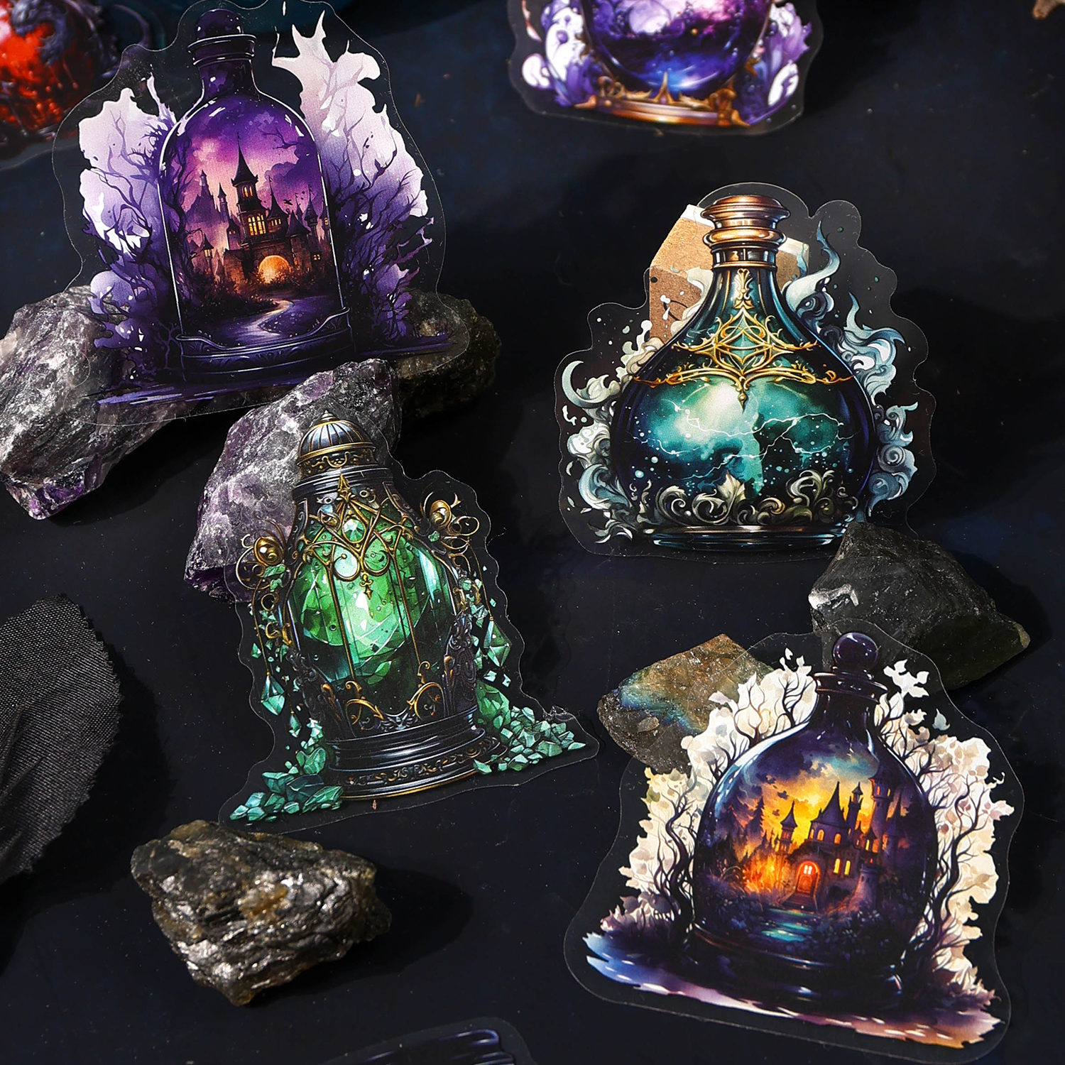 12 Blatt/Packung Dark Forest Aufkleber, wasserfest, transparent, dekorative Aufkleber, PET-Klebeaufkleber, Etikett für Scrapbooking