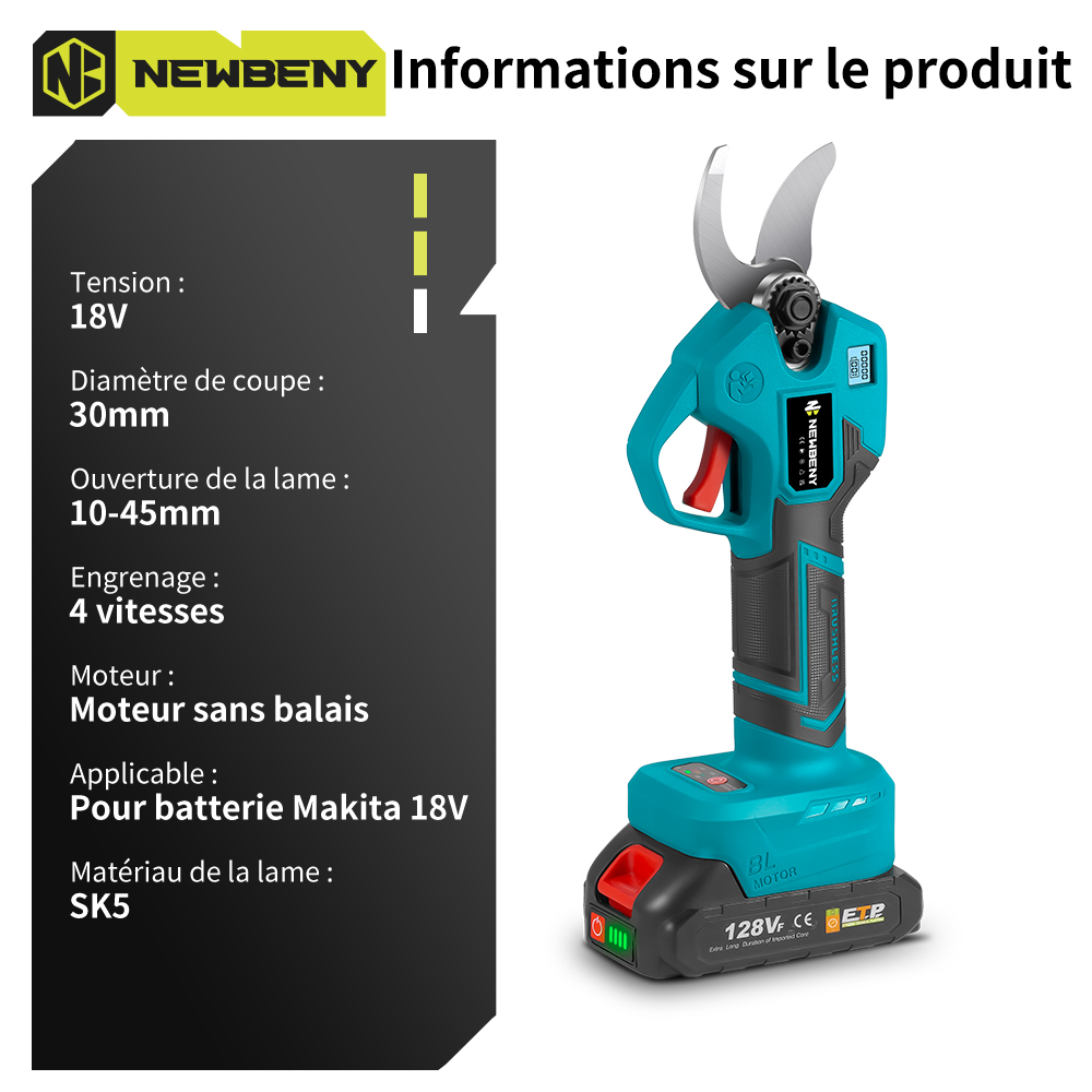 NEWBENY – sécateur électrique sans balais, 30mm, 4 vitesses, sans fil, pour jardin, arbres fruitiers, bonsaï, outil d'embellissement pour broche de batterie Makita