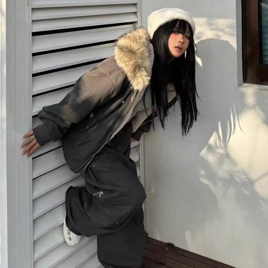 Jaqueta americana retrô com gola de lã, moda de inverno, estilo escolar pequeno, design com capuz, jaqueta curta de algodão
