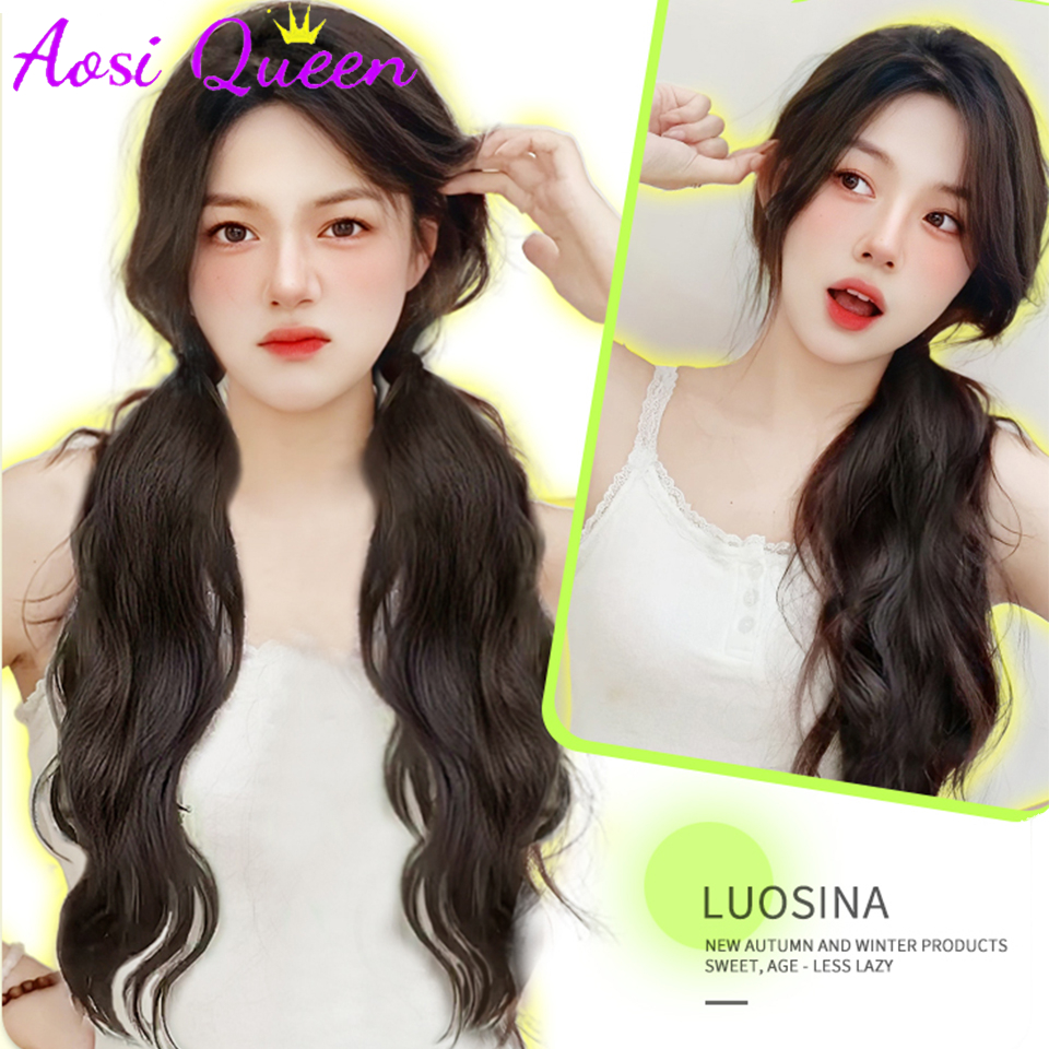 AOSI วิกผมสังเคราะห์ผมหางม้าผมยาวของผู้หญิงแถบยืดหยุ่นหวานและเย็นพร้อมสายรัดผูกต่ําผมหางม้าหยิกธรรมชาติ