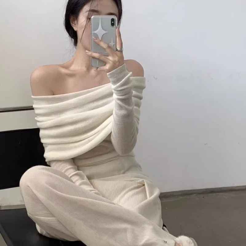女性用長袖ニットセーター,片方の裸の肩,大きな襟,裸の肩,優しい気質,秋,冬,132