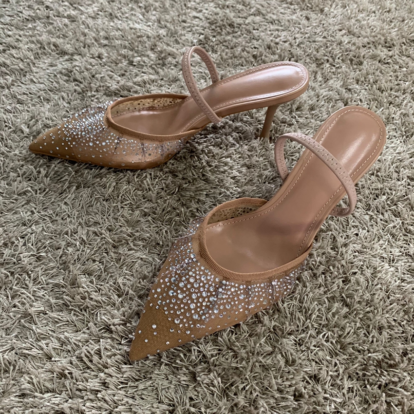 ฤดูร้อนใหม่ผู้หญิงรองเท้าแตะ Rhinestone Bright ตาข่ายรองเท้าส้นสูงรองเท้า Elegant Slingback Pointed SLIP บน PARTY Lady ปั๊มรองเท้า