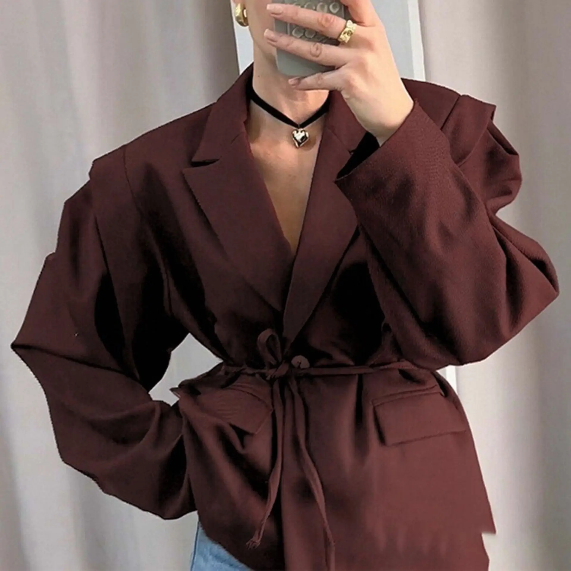 Zekye blazer feminino com estilo high-end 2025 primavera outono europeu elegante commuter look com cinto de gravata ombros acolchoados