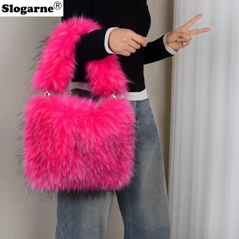 Sacos de pele de guaxinim coloridos mulheres nova bolsa de pele do falso meninas bonito sacolas 2025 inverno quente macio macio alça superior sacos de ombro
