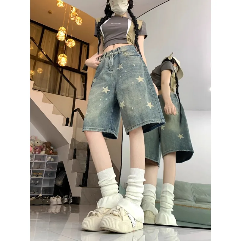 Jean ample à jambes larges pour femmes, imprimé Floral, décontracté, nouveau Design étoile rétro américain, jambe droite, confort, short en Denim doux et extensible