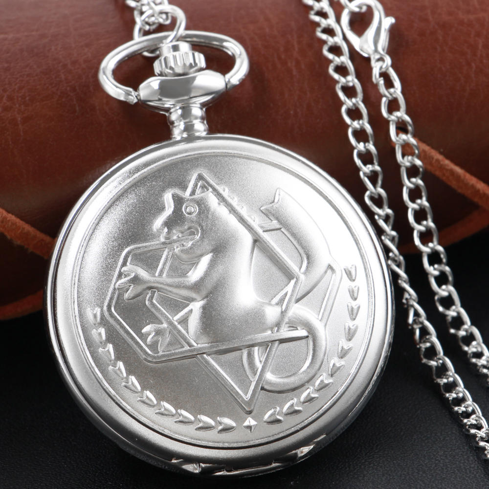 Frosted Texture Alchemist Steampunk Quartz Pocket Watch Silver Case Necklace Pendant Clock Chain Men and Women Christmas Gift