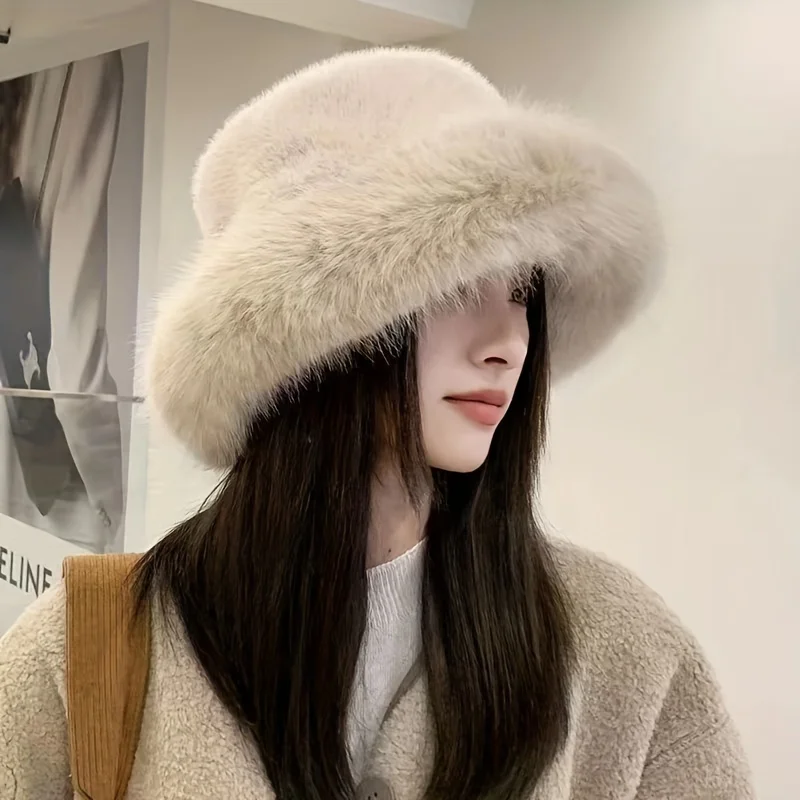 แฟชั่นFaux Furหมวกขนาดใหญ่สําหรับผู้หญิงรัสเซียCossack FluffyฤดูหนาวหมวกFuzzy Fluffyหมวกขนาดใหญ่สีชมพูไวน์แดง