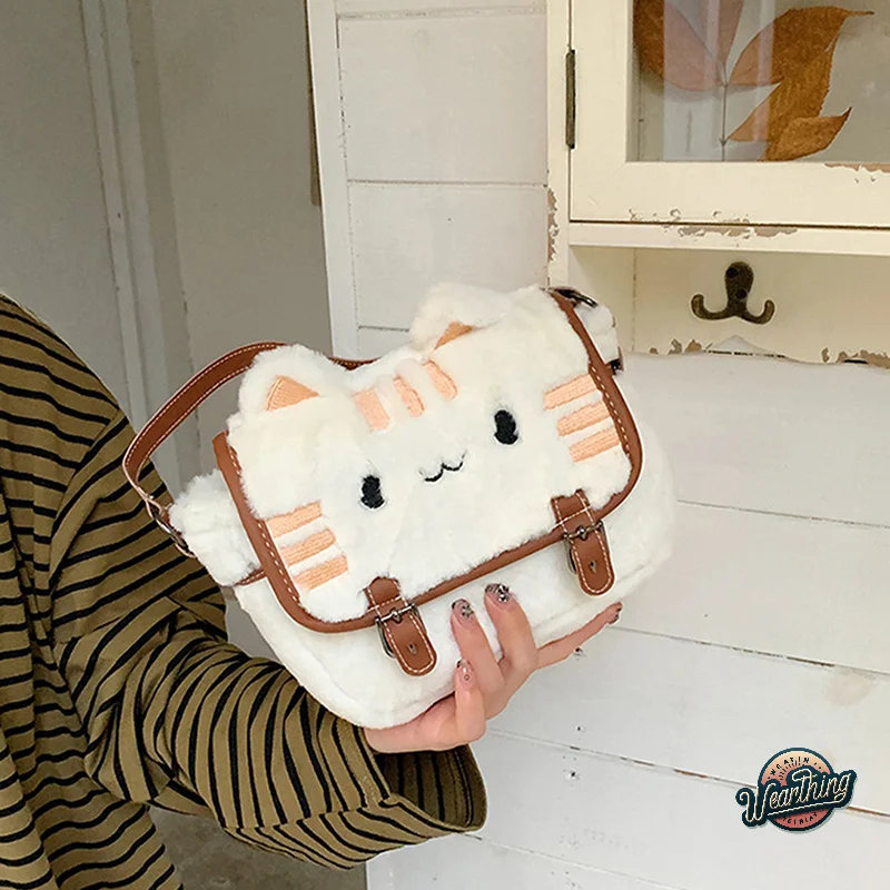 Cute Cat Face Plush Shoulder Messenger Bag For Women Lovely Beautiful Cartoon Handbag Crossbody Bags