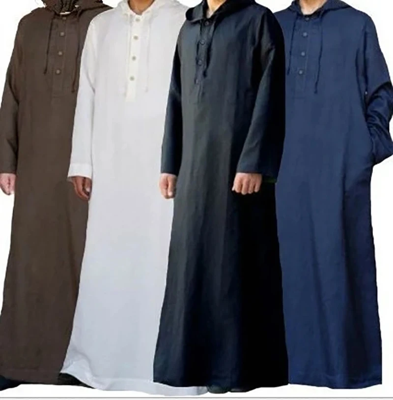 Manto muçulmano de manga comprida masculino, Arábia Saudita, Juba, islâmico, kaftan, camisa solta casual, cor sólida, com capuz, bolso de botão