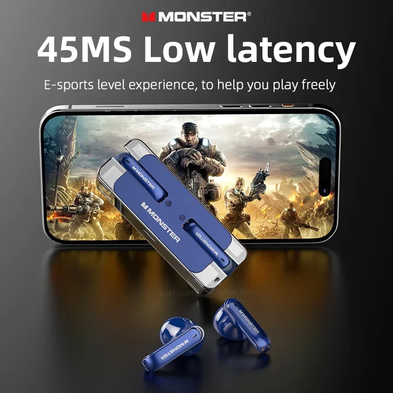 Monster XKT08 이어폰 Bluetooth 5.3 Ture 무선 이어 버드 낮은 대기 시간 소음 감소 헤드폰 마이크가있는 게임용 스포츠 헤드셋