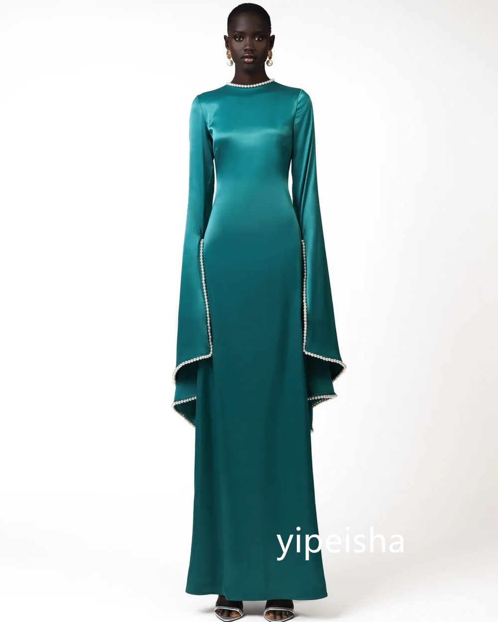 Customized Chinese Style Jersey Pearl A-line Scoop Neck Long Dresses Prom Dresses Classic Exquisite Modern Style Pastrol Unisex 