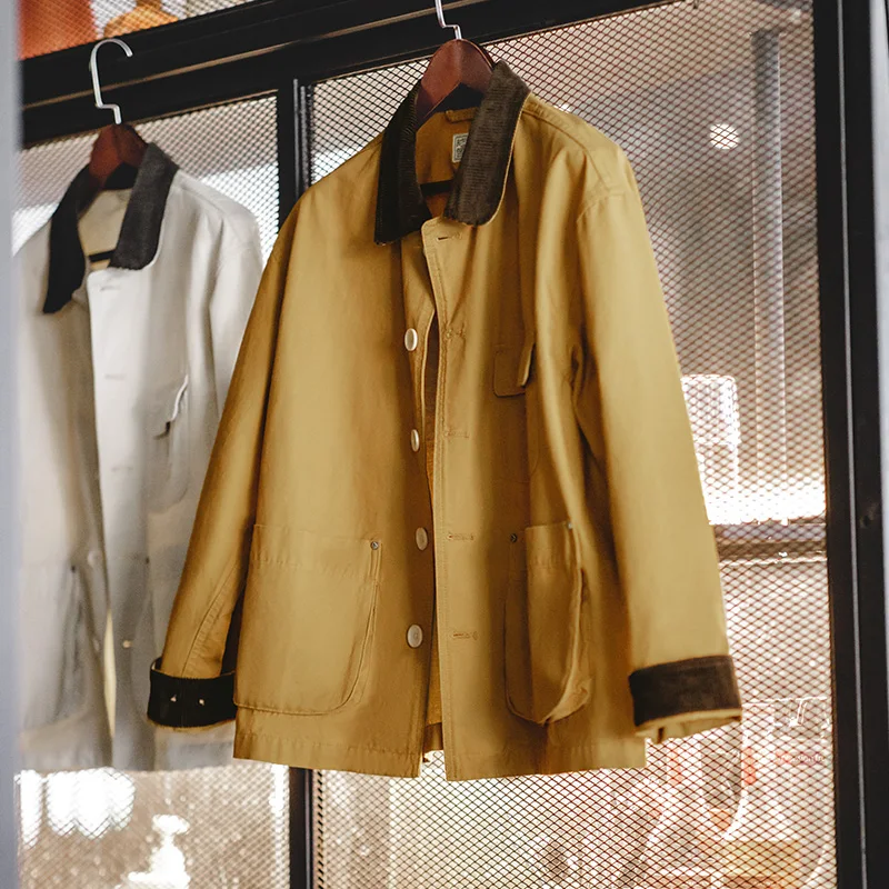 Maden Jaqueta feminina de outono com gola de veludo cotelê em amarelo gengibre e creme jaqueta oversize vintage estilo trabalho jaqueta de caça para mulheres