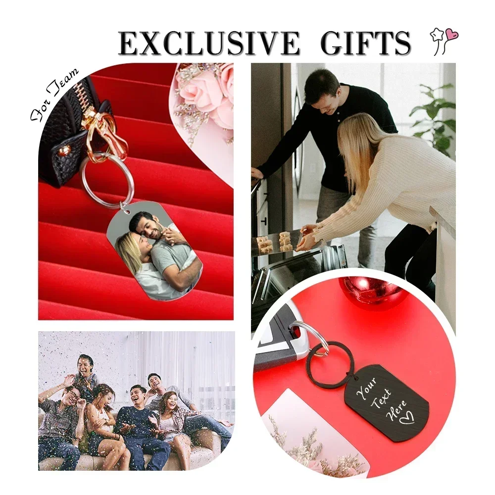 Custom Photo พวงกุญแจคู่ของขวัญครบรอบสําหรับแฟนเขาเธอสแตนเลสเลเซอร์แกะสลักข้อความสองด้านพวงกุญแจ