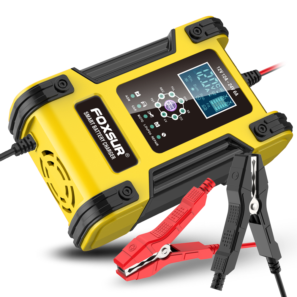 Foxsur 全自動車のバッテリー充電器 12V 12A デジタルディスプレイバッテリー充電器パワーパルス修理充電器ウェットドライ鉛酸