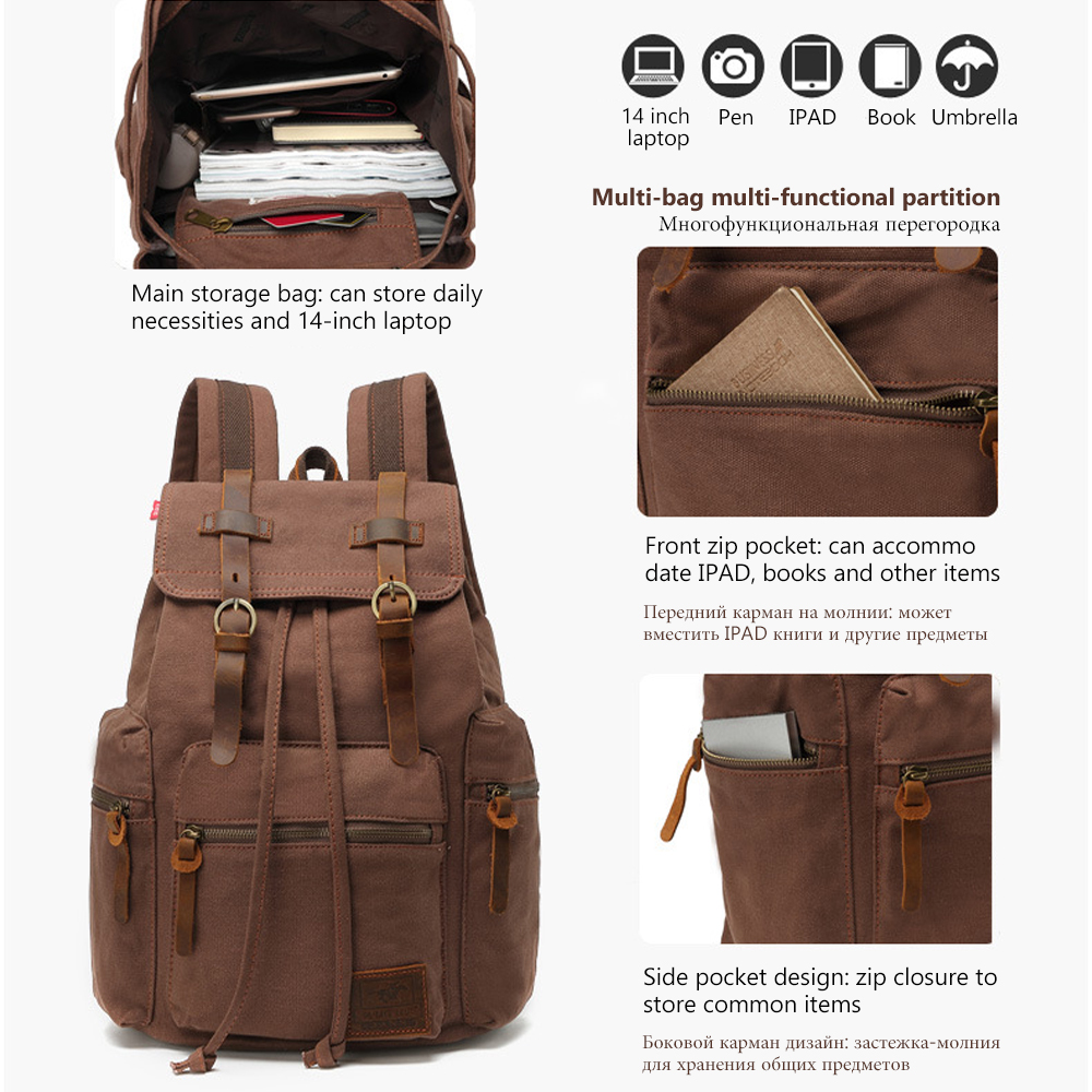 MARKROYAL Canvas Retro Herrentasche Rucksack Geeignet für 14-Zoll-Laptoptasche Vintage 36-55L Verschleißfester Rucksack Kaffee Dropshipping