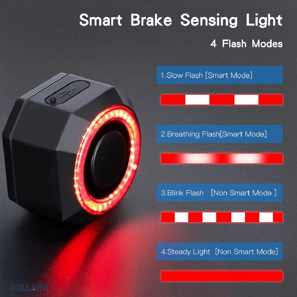 Hollarm Inteligentny alarm tylnego światła roweru Zabezpieczenie przed kradzieżą Antywłamaniowy alarm świetlny roweru Ładowanie USB Inteligentny czujnik hamulca Zdalne sterowanie Tylna Lam