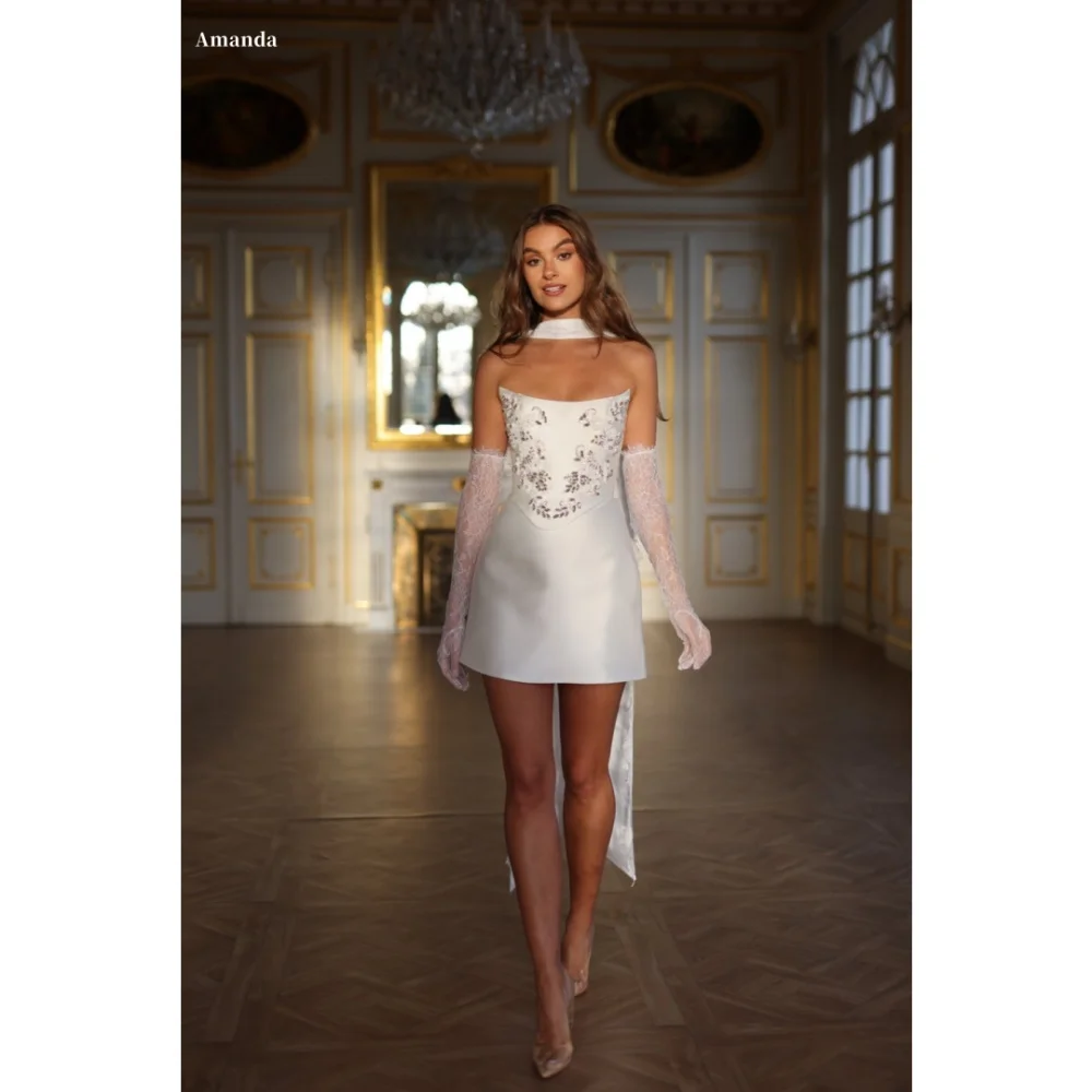 Amanda Customized White Gloves Long Silk Scarves robes de soirée Lace Flowers Embroidery Party Dresses Strapless Prom Dress 2024