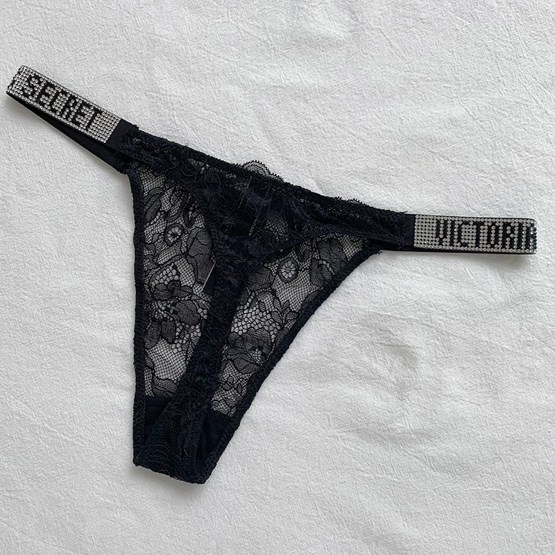 New Satin Letter Rhinestone G-String Women Underwear Sexy Lace Lingerie Low Waist Seamless Panties Panties