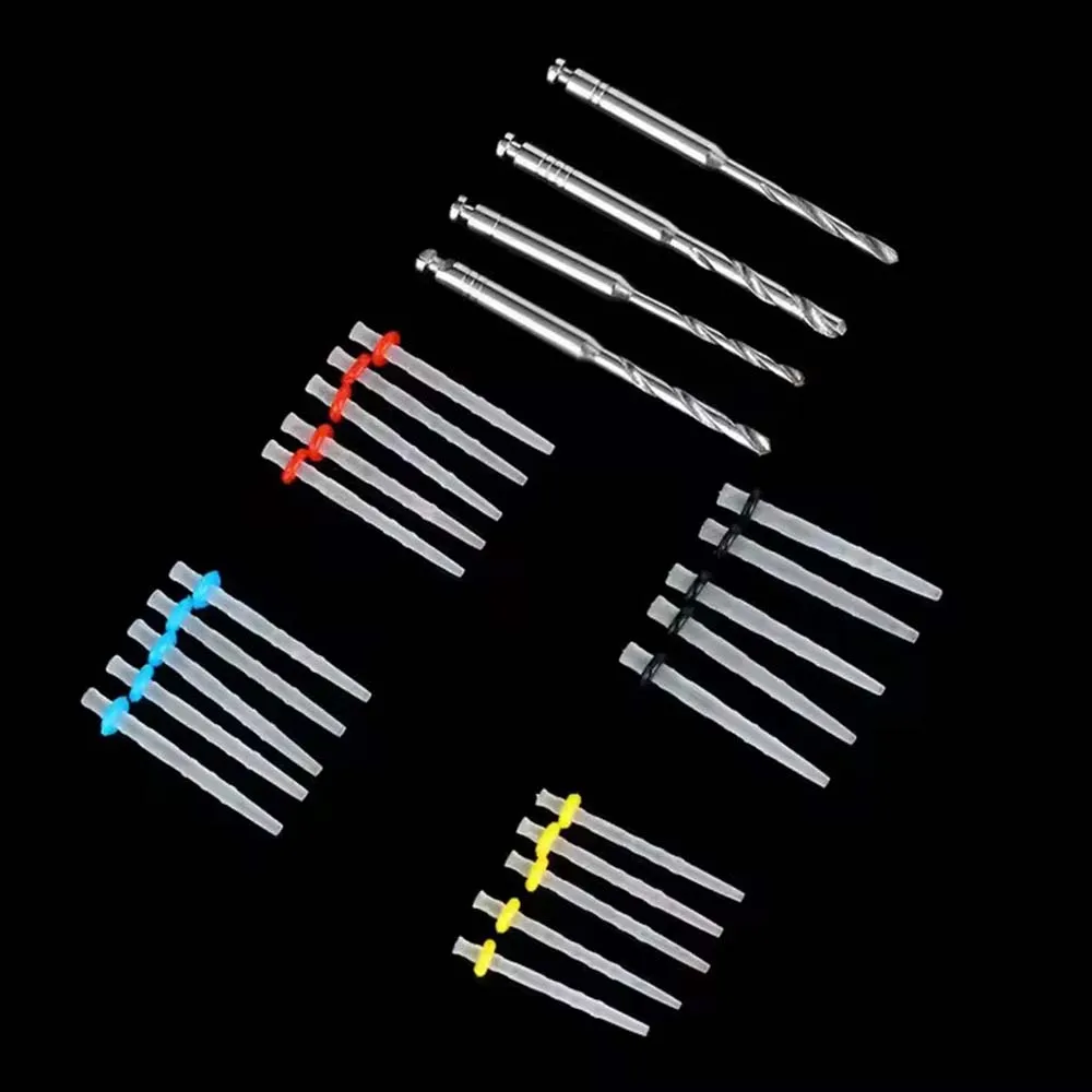 GULPOOE Dental Fibre Pile 20 słupków + 4 wiertła Produkty dentystyczne Fibre Pile Fiber Post Wiertło Śruba Gwint Kwarcowy Zestaw mieszany rozmiar