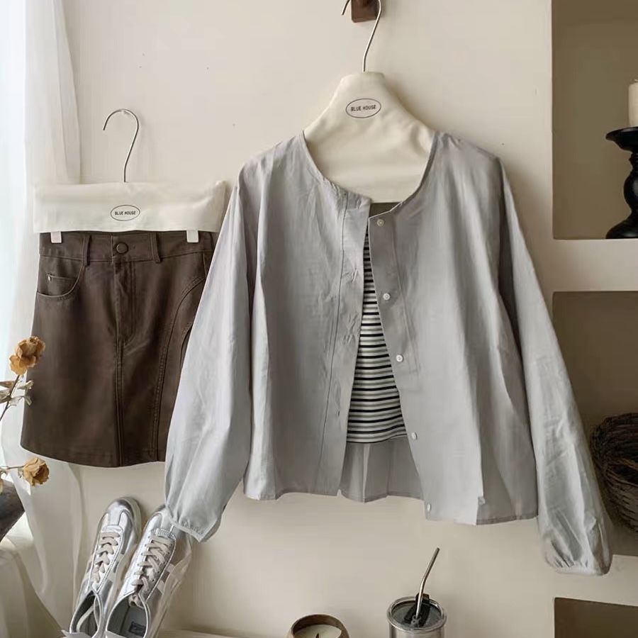 Csa Casual de Manga Longa Estilo Coreano para Mulheres, Versátil e Artística, Top de Gola Redonda, Casaco Solto para o Dia...