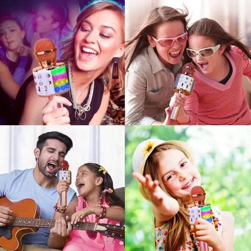 子供用のBluetooth付きLEDワイヤレスマイク,オリジナルのサウンドスピーカー,カラフルなライト,カラオケ,歌,音楽の除去