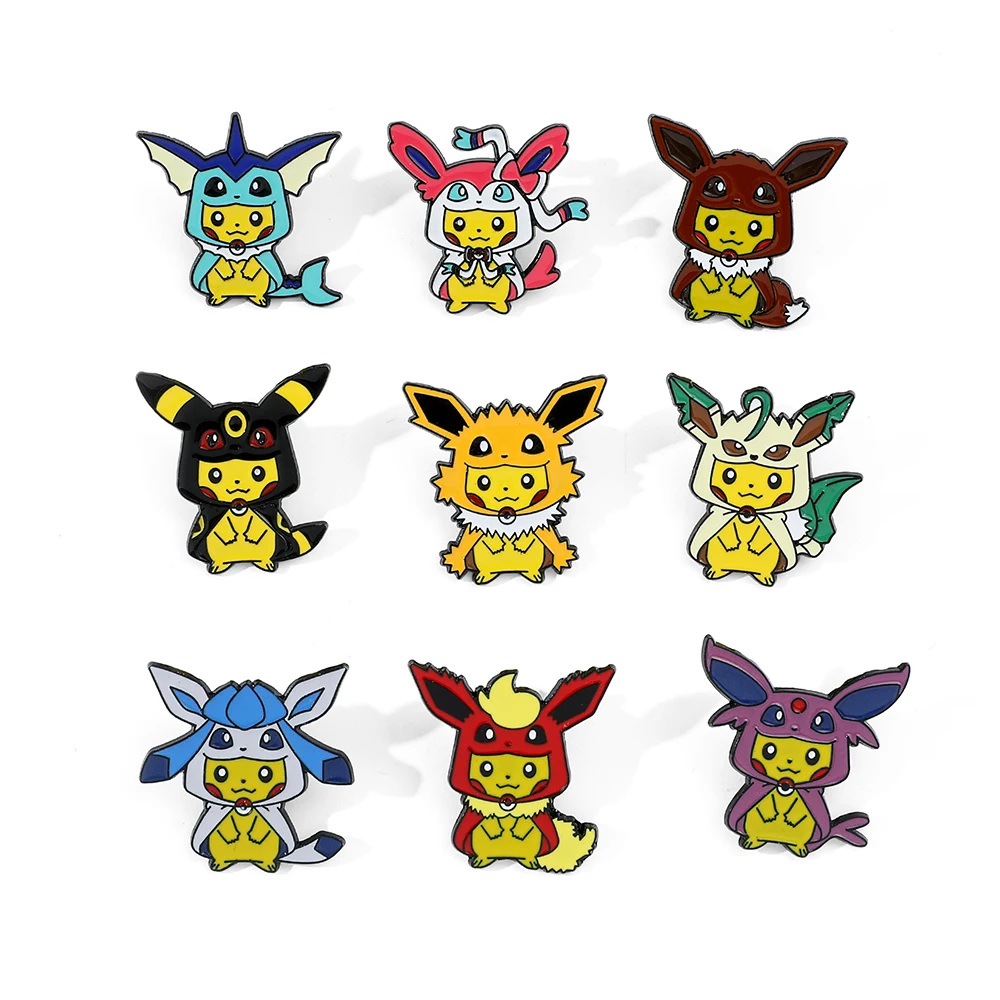 9 pçs moda animal broche conjunto criativo pikachu cos eevee esmalte pinos mochila acessórios de roupas metal crachá acessórios