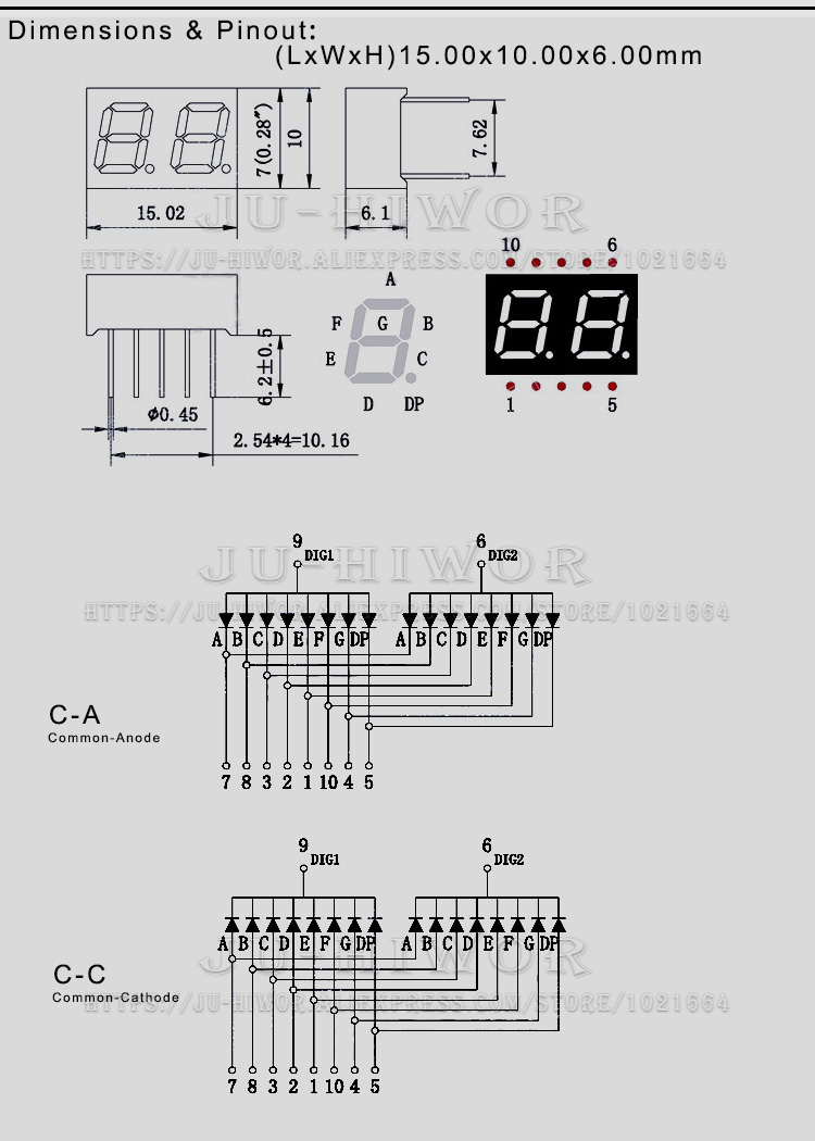 10 Stück 0,28 Zoll 10 Pins 2281AS 2281BS 2 Ziffern Bits 7 Segment Rote LED Digitalanzeige Digitron Gemeinsame Anode Kathode C-C C-A