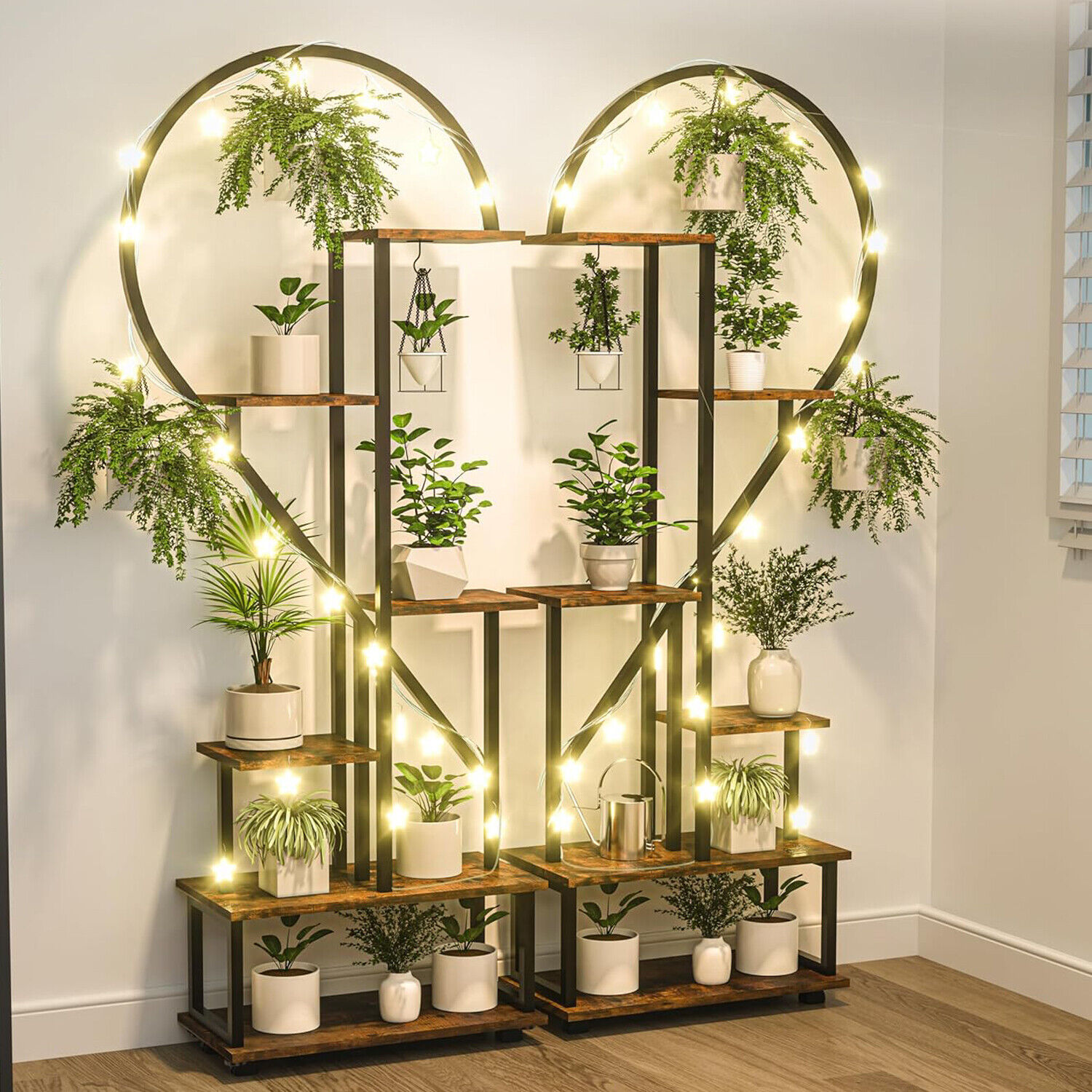 2 suportes para plantas em forma de meio coração, rack para plantar, exibição de flores com ganchos, escada de jardim, prateleira para plantio (excluindo corda de luz)