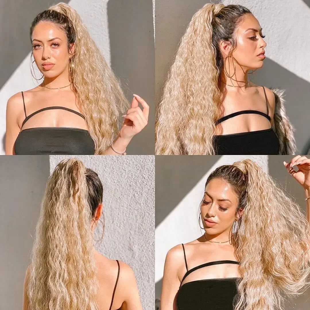 Extensiones de Cabello sintético con cola de caballo ondulada de maíz largo, Clip para el cabello, Ombre, marrón, Rubio