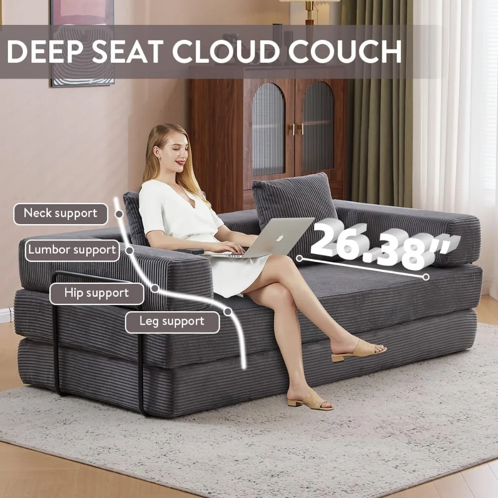 4-in-1 Convertible Folding Sleeper Sofa Bed, Fold Out Floor Sofa Couch with Fixed-Shape Frame, Cloud Corduroy Foldable Mattress