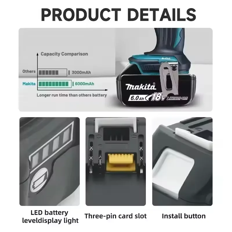 100% Original Makita battery,18V 6.0Ah rechargeable battery, replacing Makita BL1830B L1840B L1850B L1860B,power tool battery