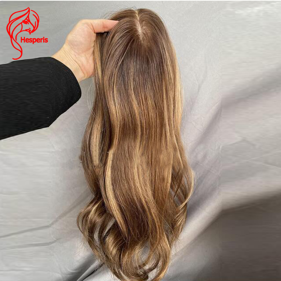 Hesperis Cabelo Humano Topper para Mulheres, Base De Seda, Balayage, Toupee Hairpiece, Desbaste Coroa