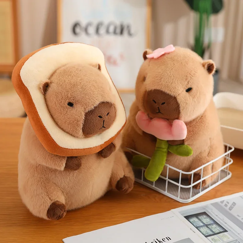 Capybara Plush ของเล่นจําลอง Capibara คอสเพลย์ยูนิคอร์นชุดไดโนเสาร์ Boba ขนมปังผลไม้อาหาร Decor นก Bubble ตุ๊กตาสัตว์
