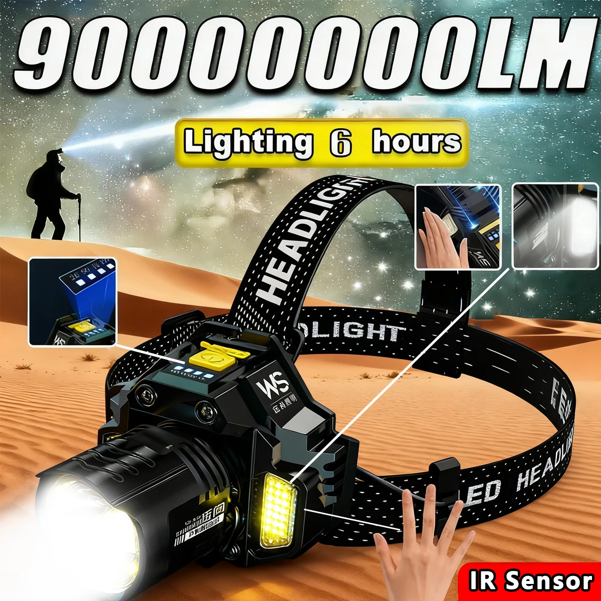 Potente linterna frontal LED con Sensor de movimiento, linternas de cabeza COB recargables 18650, lámpara de cabeza de alta potencia, faro de pesca