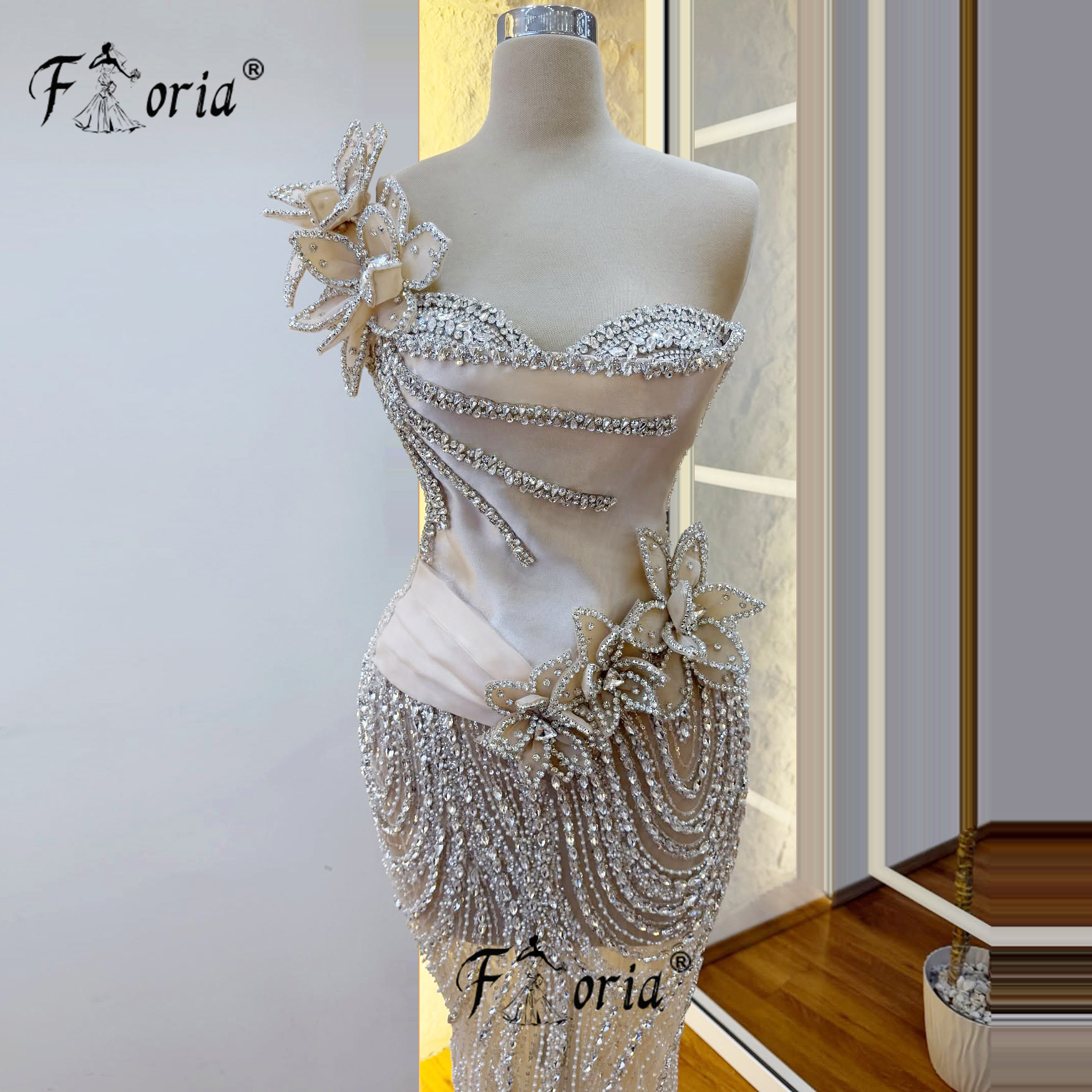 Luxo champanhe cristais vestido de baile ilusão flor apliques celebridade tapete vermelho vestidos de festa 2025 personalizado elegante gala