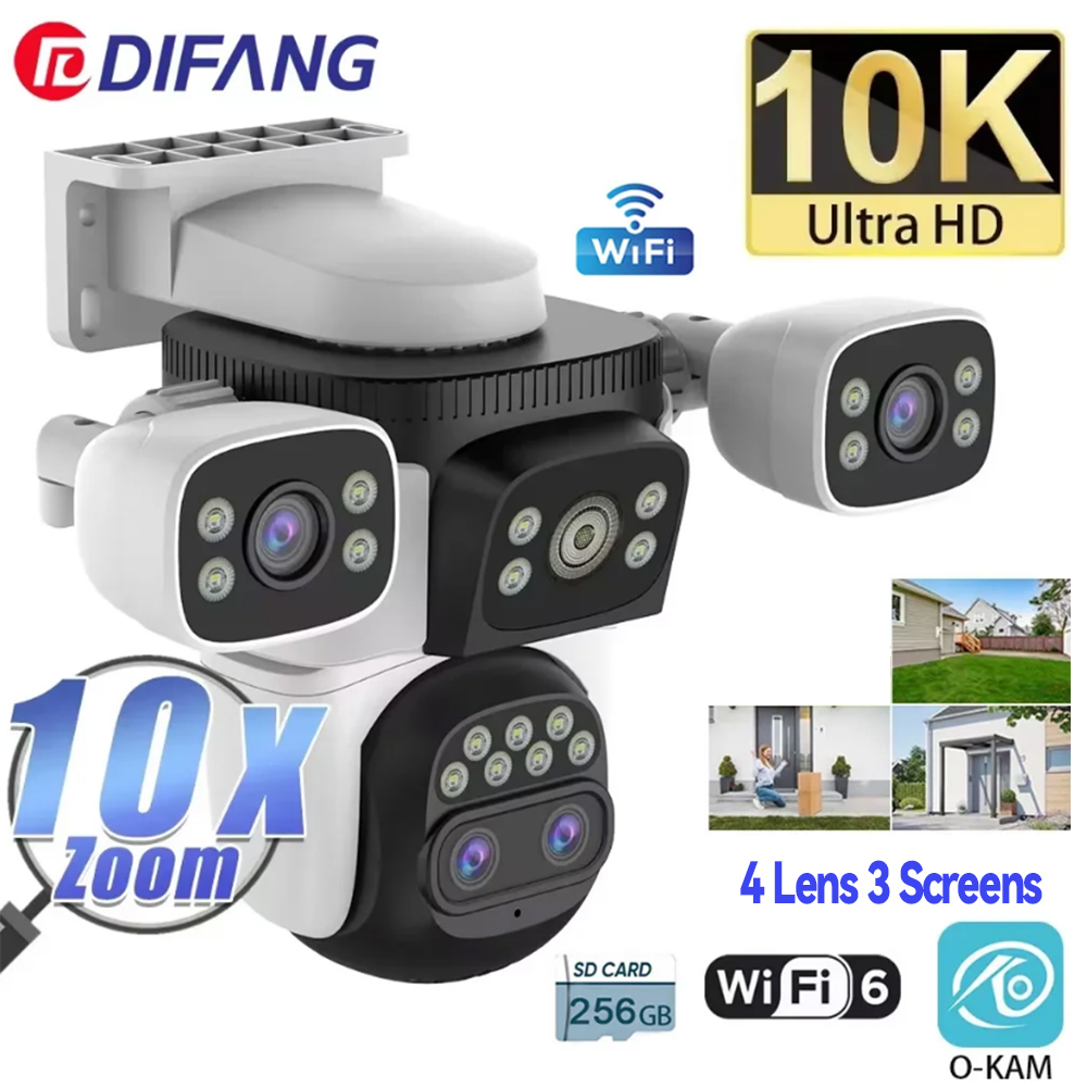 10K WiFi6 Outdoor Camera 20MP 10X Optics Zoom Three　Screen Four Len PTZ Automatic Track 6K Dual Lens Waterproof Security CCTV
